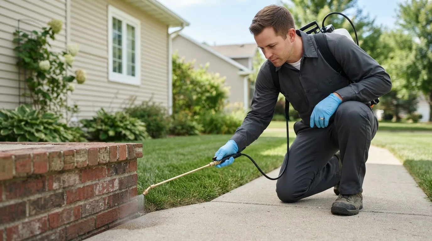 Pest control technician treating a home near Rosewood, OH