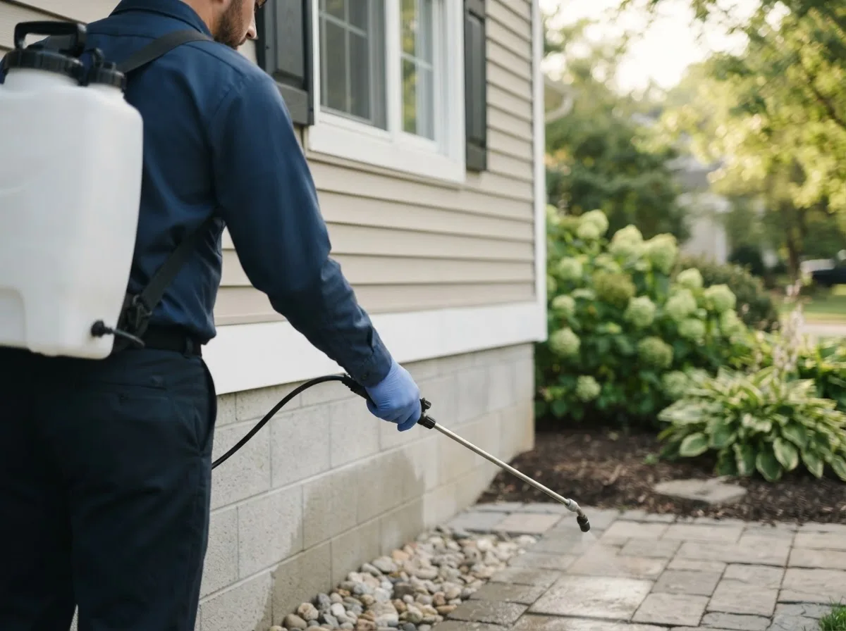 Pest control technician inspecting a home in Rosewood, OH